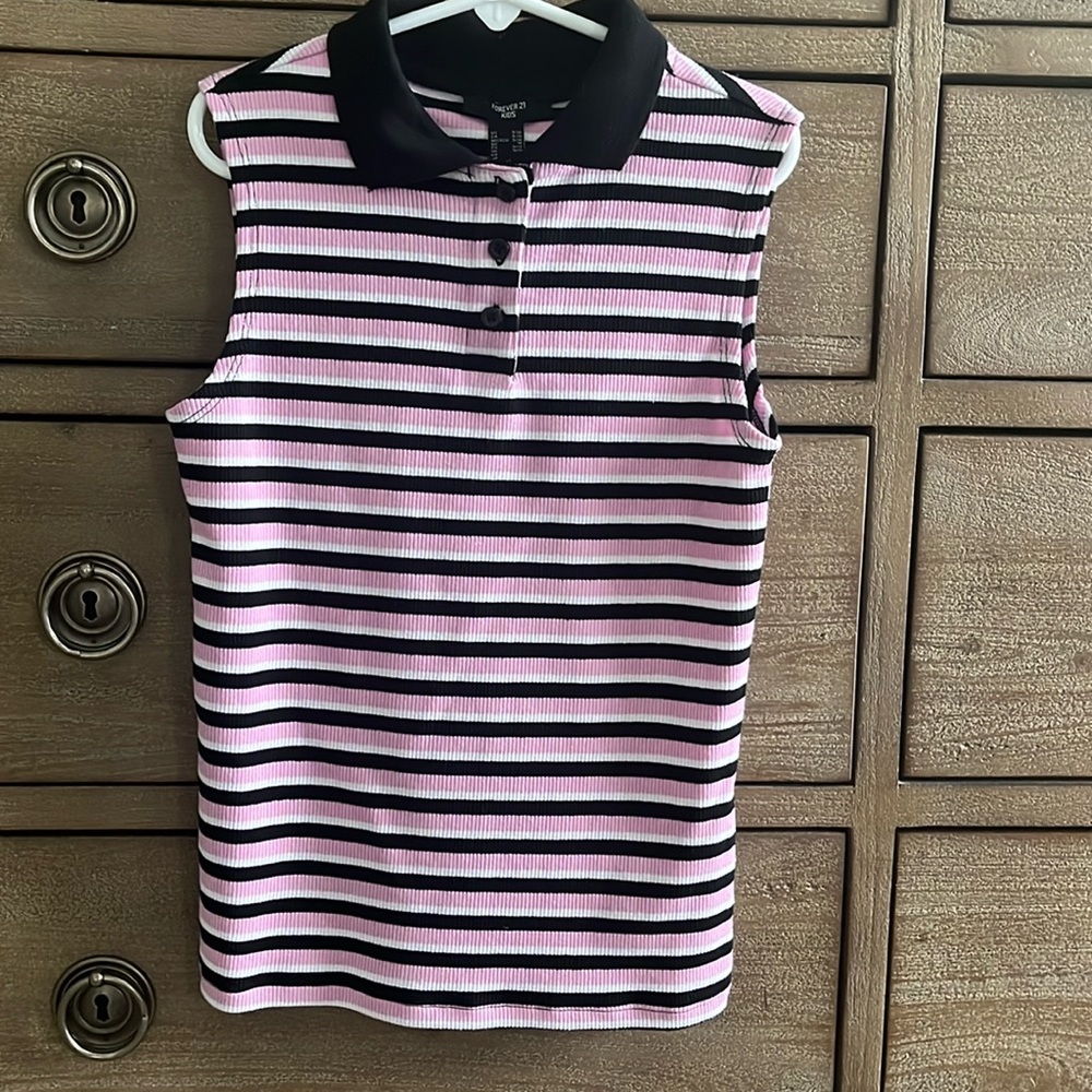 Girls Striped Pink and Black Polo, Size 9/10